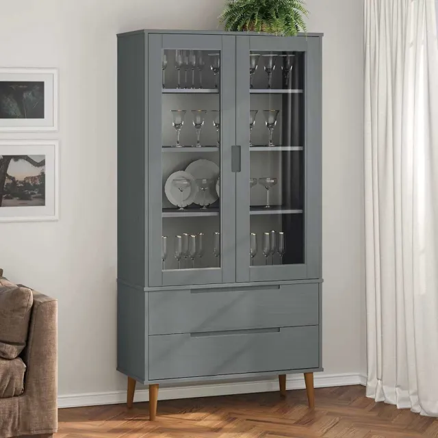 vidaXL Vitrinekast MOLDE 90x35x175 cm massief grenenhout grijs, foto 2