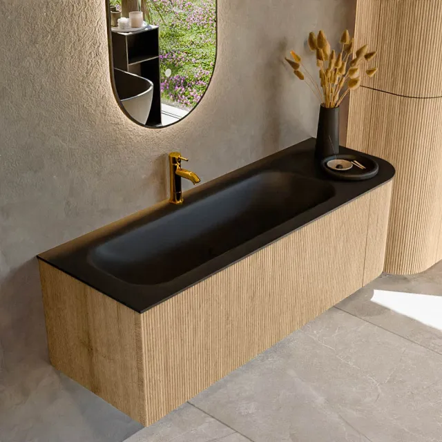 Mondiaz KURVE 135 cm Onderkast Greeploos 1 Lade Met Deuren Oak, Wastafel Solid Surface Links Urban 1 Kraangat Zonder Spiegel (KRVBGM135R1L1D1KL-Oak/Urb)