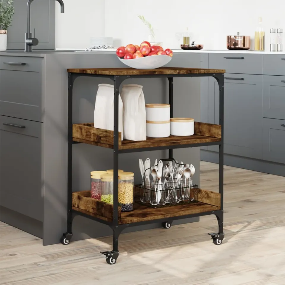 vidaXL Keukentrolley 60x41x80,5 cm bewerkt hout gerookt eikenkleurig, foto 3