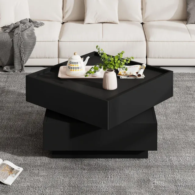 COVREO Salontafel 60 x 60 x 38 cm - zwart, spaanplaat, 360 graden draaibaar met 2 lades