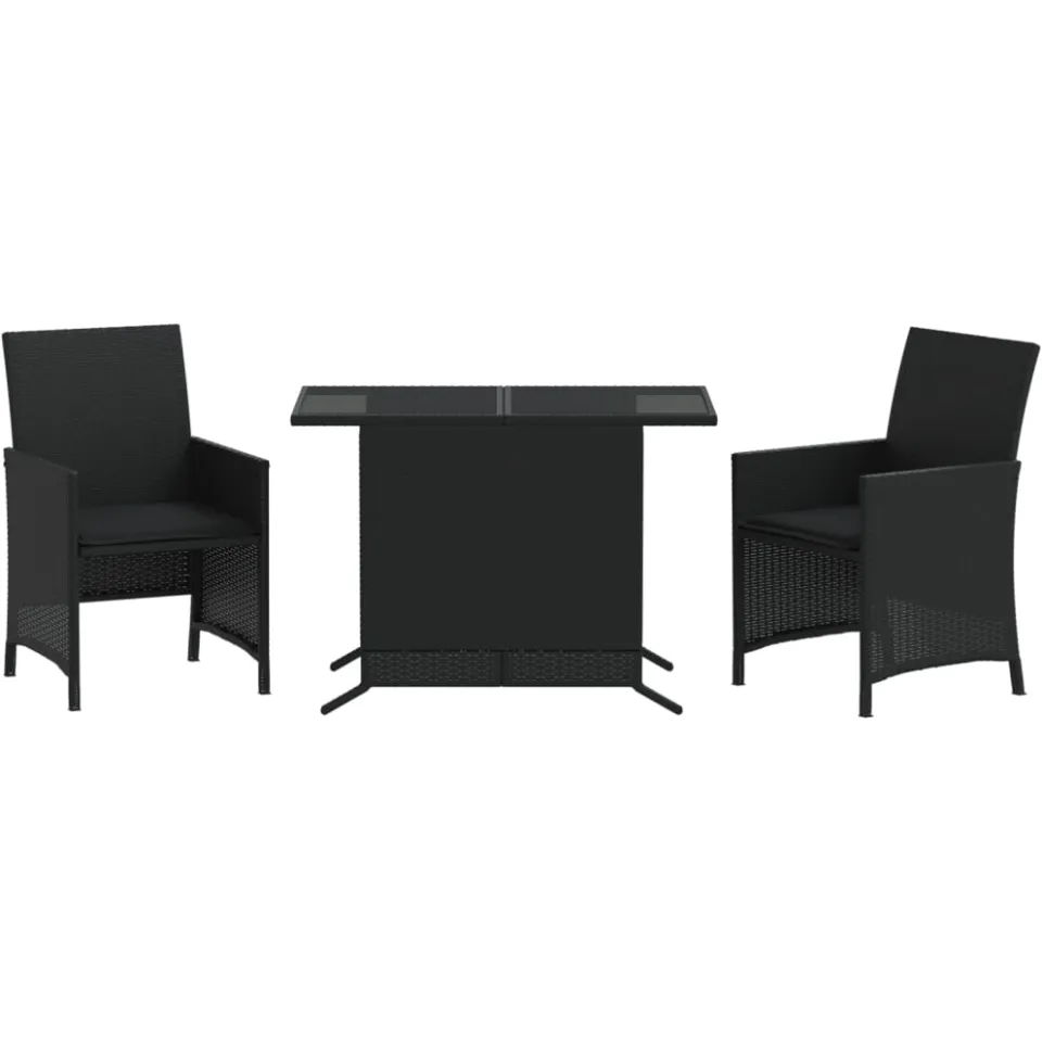 vidaXL 3-delige Bistroset met kussens poly rattan zwart