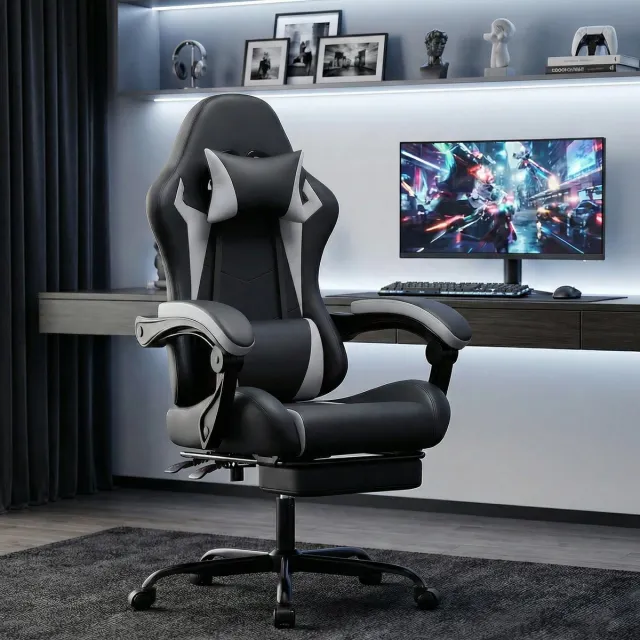 Wishdor Gamingstoel - Ergonomisch - Kantelbare rugleuning - Hoofdsteun en lendenkussen - Verstelbare zithoogte - Kunstleer - Zwart wit - 78 cm Zwart/Wit