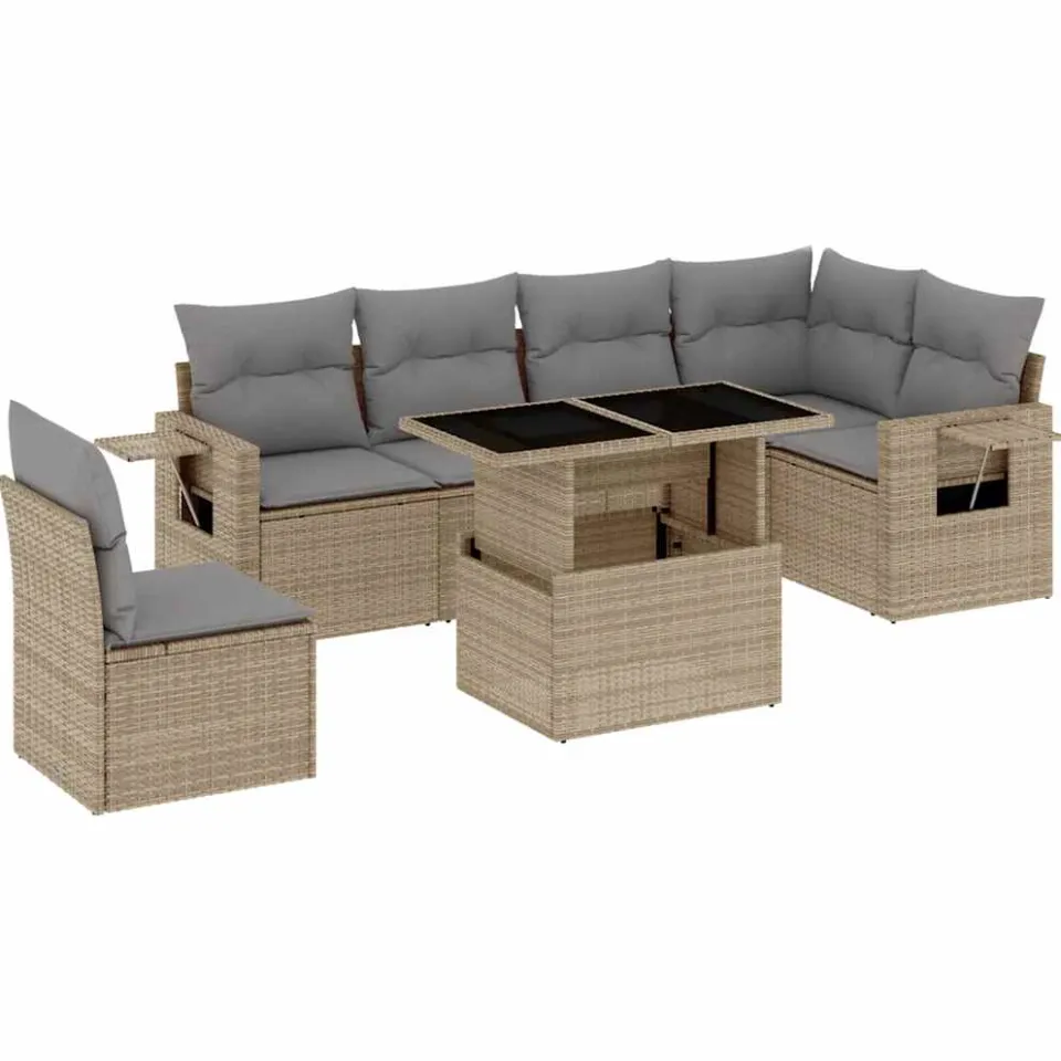 vidaXL 7-delige Loungeset met kussens poly rattan beige, foto 3