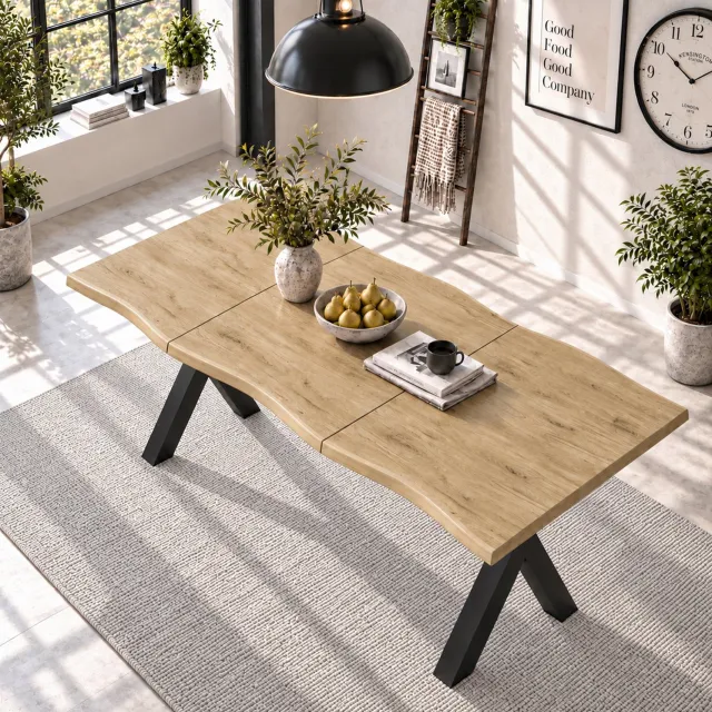 DESMIU Eettafel - Golvende Rand en X-Vormige IJzeren Poten - Voor 4 tot 6 Personen in de Eetkamer - MDF en IJzer - Houtkleur - 160 x 78 x 77 cm