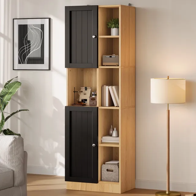 HAUSS SPOLE Keukenkast - Hoekkast Met 6 Open Vakken En 2 Deuren - Verstelbare Planken Voor Keuken - MDF En Spaanplaat - 50x35,5x170 Cm - Zwart Antraciet en eikenkleur