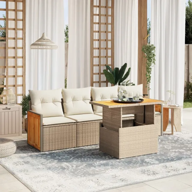 vidaXL 5-delige Loungeset met kussens poly rattan beige, foto 2