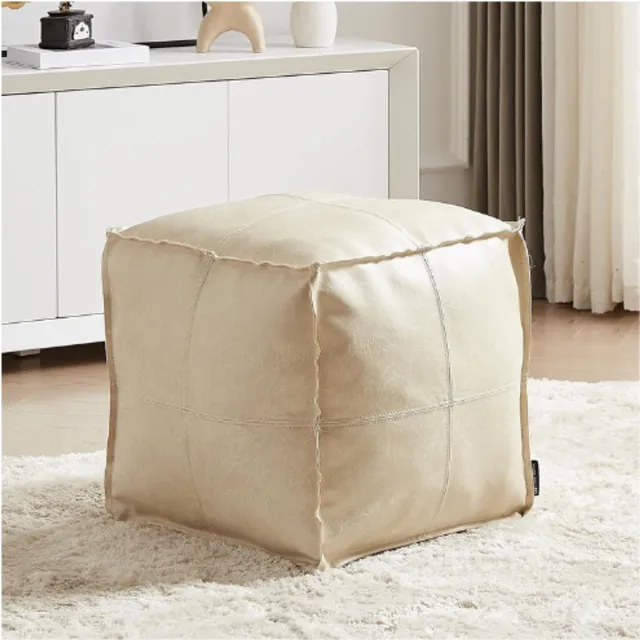 BOG Ottoman Hoes Handgemaakt - Vierkante Poefhoes 45x45 cm - Beige Kunstleer Marokkaanse Stijl - Voor Woonkamer Balkon Kantoor Buiten
