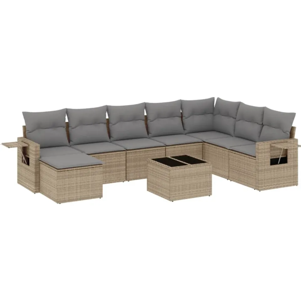 vidaXL 9-delige Loungeset met kussens poly rattan beige, foto 3