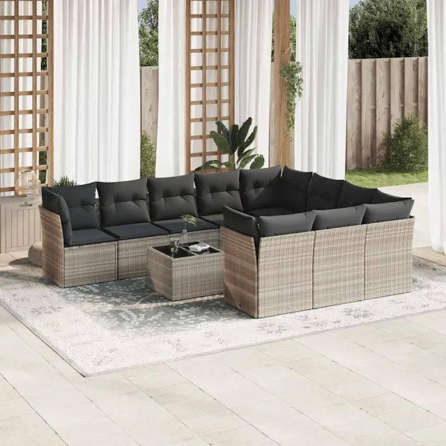 vidaXL 11-delige Loungeset met kussens poly rattan lichtgrijs grijs, foto 2