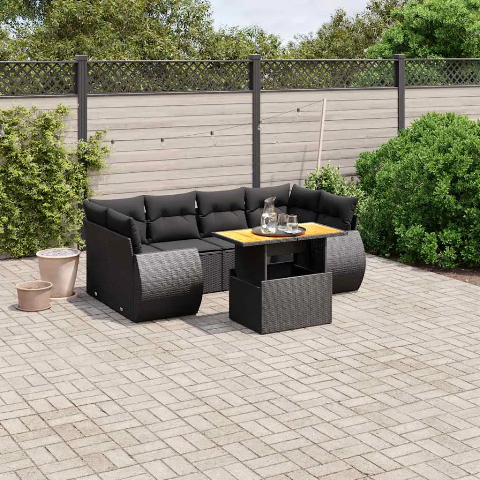 vidaXL 7-delige Loungeset met kussens poly rattan zwart, foto 3