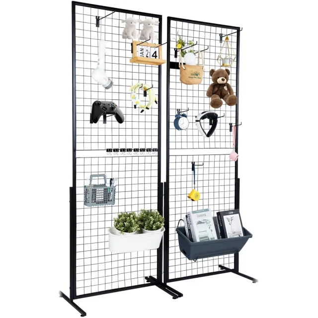 Wisamo Living Kamer Scherm - Scheidingswand - Wandorganizer - 2 panelen - L57.8cm x B1.6cm x H84cm - Gepoedercoat staal - Met haken en clips - Zwart