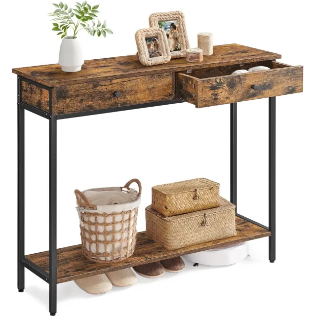 FurnStar Console Tafel – Haltafel – Sidetable – Met 2 Lades – Industrieel Design – Vintage Bruin Zwart