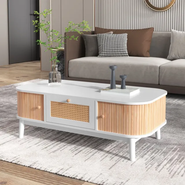 COVREO Salontafel 110 x 55 x 38,5 cm - wit en houtkleur, met opbergruimte