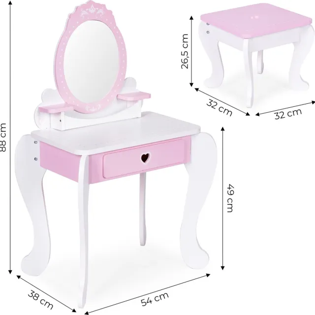 ECOTOYS Houten Kaptafel voor Kinderontwikkeling - Inclusief 7 Accessoires en Krukje roze