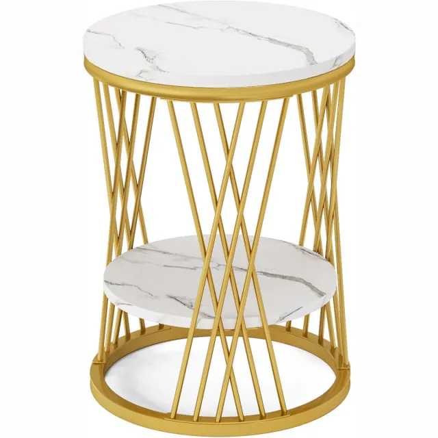 DMG Supply Bijzettafel - Rond - 2 Lagen - Marmerlook - Goudkleurig Metalen Frame - 45 x 45 x 60 cm - Wit en Goud