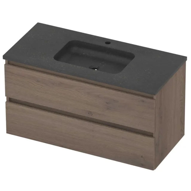 Basic-Line Rocky 46 Badmeubelset Hardsteen 1 Kraangat Greeploos 100x46x54 cm Dusk Oak Blue Stone Grijs