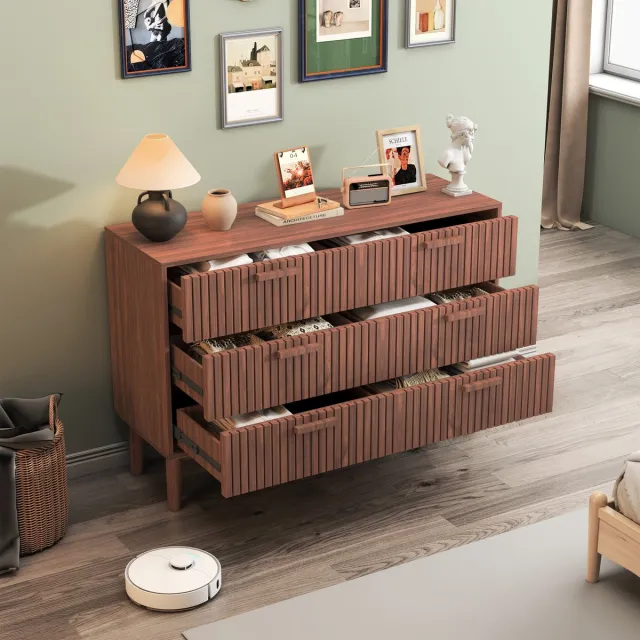 ROSAHQNDA Ladekast 100x34x73 cm, 6-ladenkast met opbergruimte, modern dressoir voor woonkamer, hal en eetkamer, minimalistisch design, walnootkleur