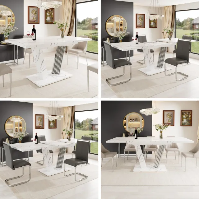 Clruro Eettafel - 120–160×80×76 cm - Uitschuifbaar - Vlinderonderstel - MDF/Metaal - Marmerlook Wit