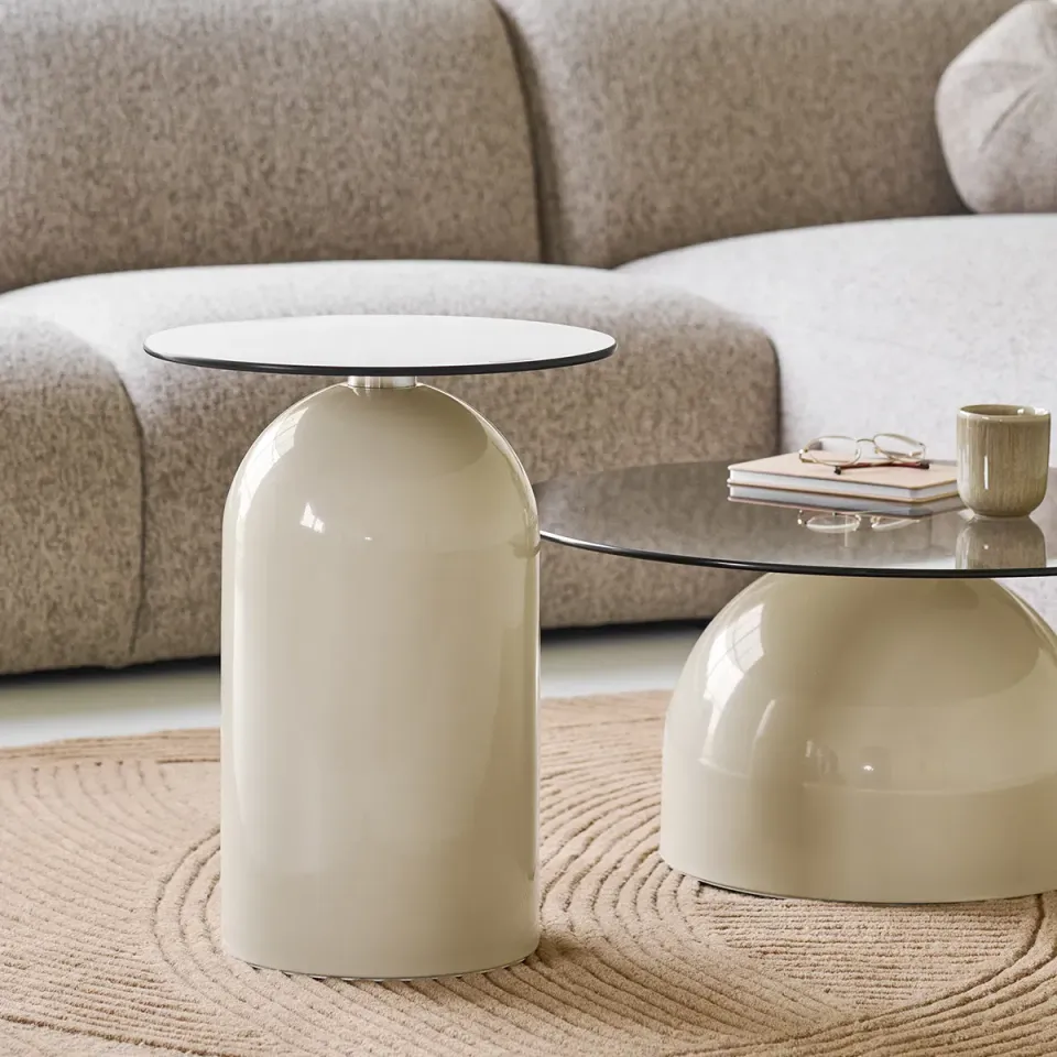 Artichok Raiza metalen bijzettafel beige met glazen blad - Ø40, foto 2