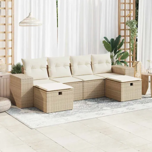 vidaXL 6-delige Loungeset met kussens poly rattan beige, foto 2