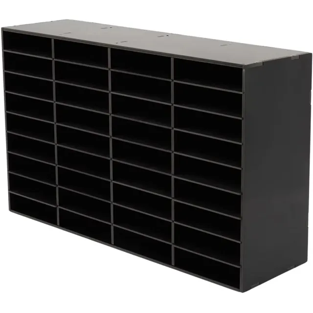 Happiq Literatuurorganizer – Voor het sorteren van papier, post en documenten in kantoor of klaslokaal – 36 compartimenten met verwijderbare planken voor flexibel gebruik – 35,0 × 30,0 × 40,0 cm – zwart en grijs – kunststof