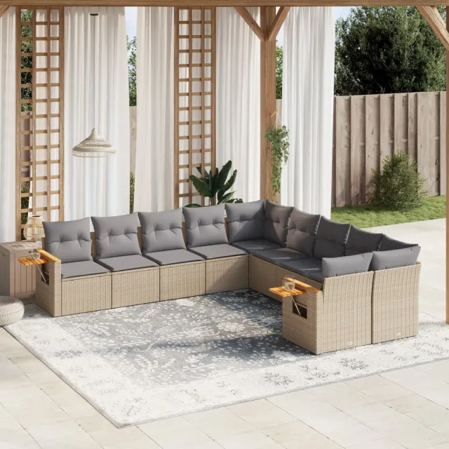 vidaXL 10-delige Loungeset met kussens poly rattan beige, foto 2