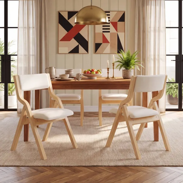 VVBV Eetkamerstoel 55x49x81 cm – Gestoffeerde Eetkamerstoel – Modern Design – Houtlook – Massief Hout – Voor Woonkamer – Beige