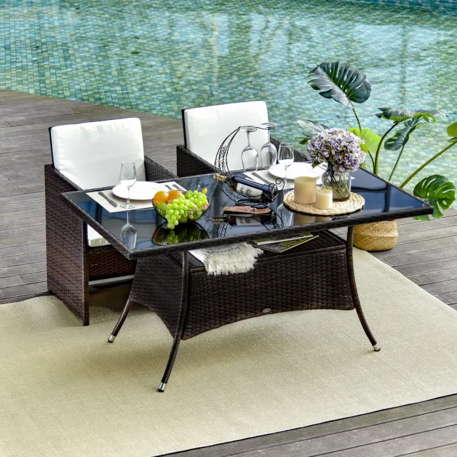 MEUNIQ tuintafel eettafel 150 x 85 x 74 cm met veiligheidsglas tafelblad, metalen frame en polyrattan look, rechthoekige tafel voor tuin of terras, bruin zwart