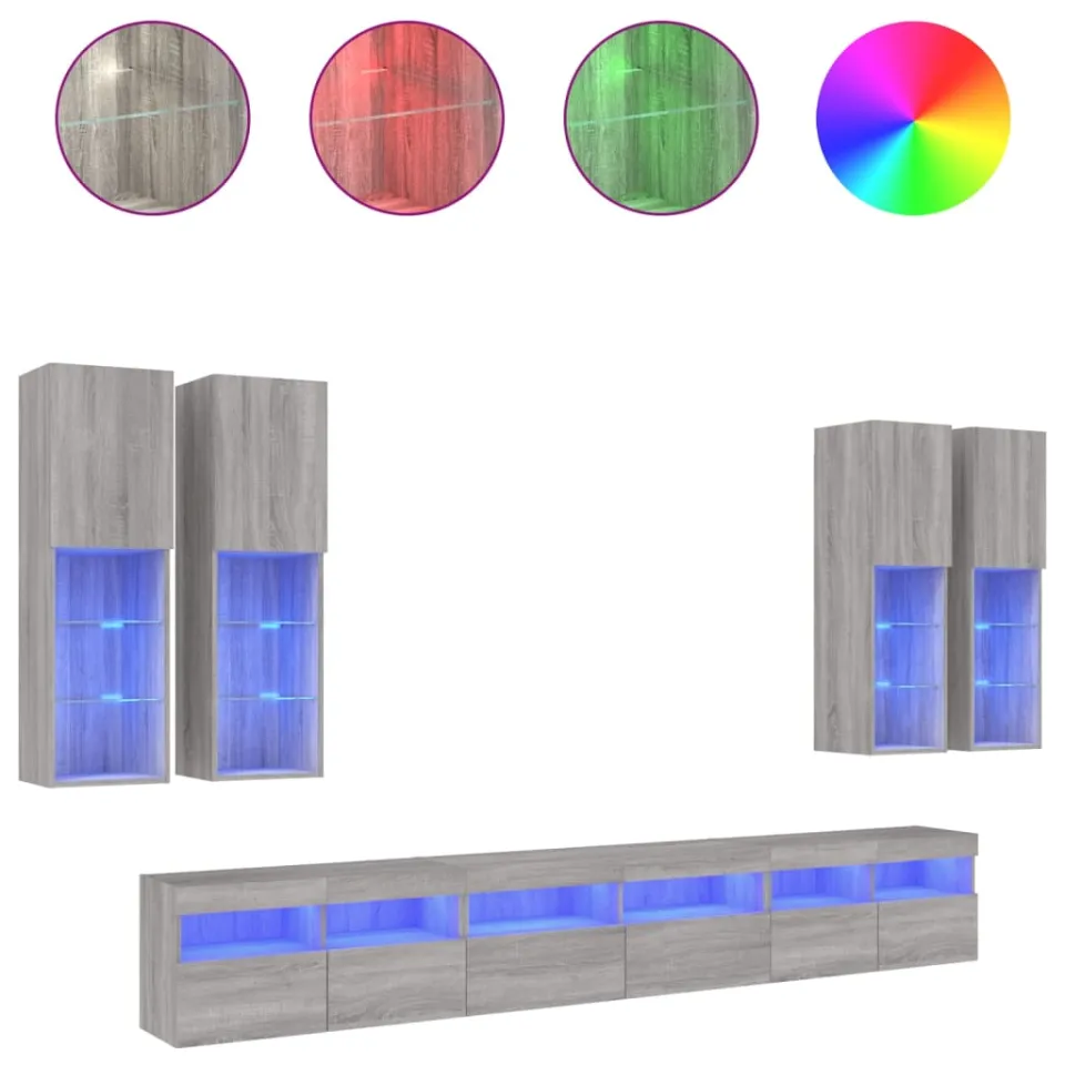 vidaXL 7-delige Tv-wandmeubelset met LED-verlichting grijs sonoma
