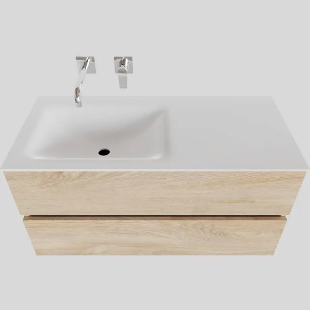 Boss & Wessing Badkamermeubel Solid Surface BWS Oslo 100x46 cm Links Wood Washed Oak (0 kraangaten) Houtlook