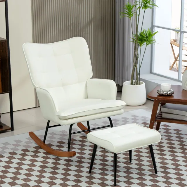 MEUNIQ schommelstoel met hocker 64 x 89 x 90 cm, fauteuil met armleuningen, hoge rugleuning en metalen frame voor woonkamer of slaapkamer, crèmewit