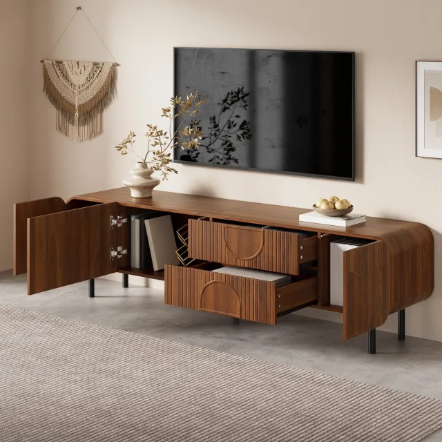 MUVANO Tv meubel walnoot - Mid century tv dressoir - Tv kast 180 cm - Met lades en deuren - 180x40x47,5 cm - Kabeldoorvoer - Woonkamer Walnoot