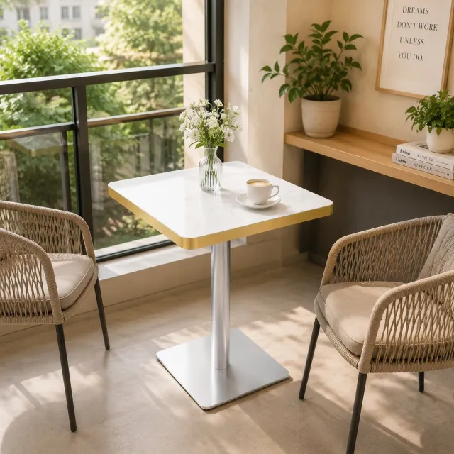 STILVORA Eettafel - Vierkant Ontwerp Met Marmerlook En Gouden Rand - Voor Eetkamer En Bistro - MDF En Metaal - 60x60x74 Cm - Wit