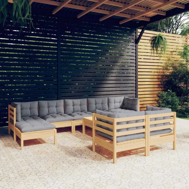 vidaXL 10-delige Loungeset met grijze kussens massief grenenhout grijs, foto 2
