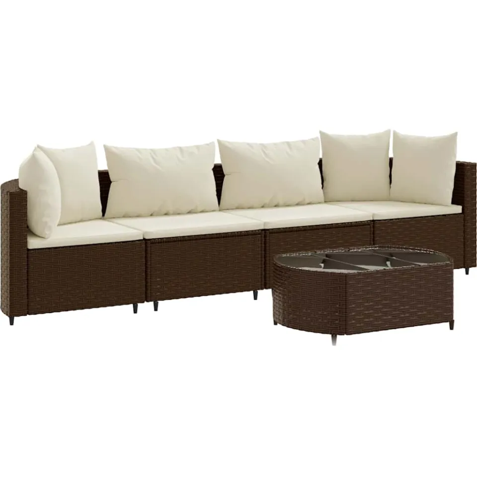 vidaXL 5-delige Loungeset met kussens poly rattan bruin, foto 4