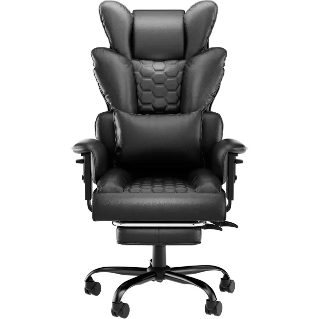 Directiestoel met Hoofdsteun, PU-Leren Rugleuning, Schuimrubberen Zitkussen, Voetsteun en Wieltjes, Stalen Frame Bureaustoelen 126-136 cm in Hoogte Verstelbaar Bureaustoel voor Thuis en op Kantoor (Zwart) NAIZY