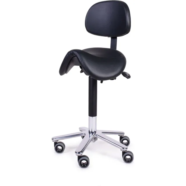 Firmseats Medische Ergonomische Zadelkruk met Rugleuning en Voetbediening - Medical Zadel - hygiënische wielen Zwart