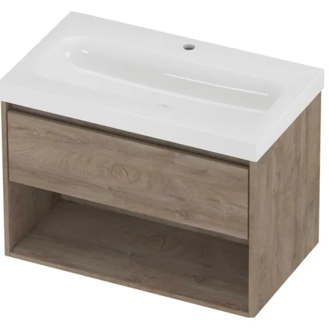 Proline Haga Badmeubelset Polystone Mezza 1 Kraangat Met Schap 80x46x58 cm Glans Wit Raw Oak Eiken