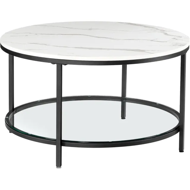 FurnStar Salontafel – Woonkamertafel met glasplaat – Moderne banktafel met veel opbergruimte – Eenvoudige montage – 80 x 44,5 cm -Marmerwit/Inktzwart –
