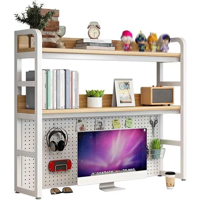 C. , R. E. CORE Bureau Boekenkast - 2-Laags Bureaublad Opbergrek - Industriële Metalen Boekenplank Organizer - Stevig Metalen Frame - 95x25x93cm - Wit