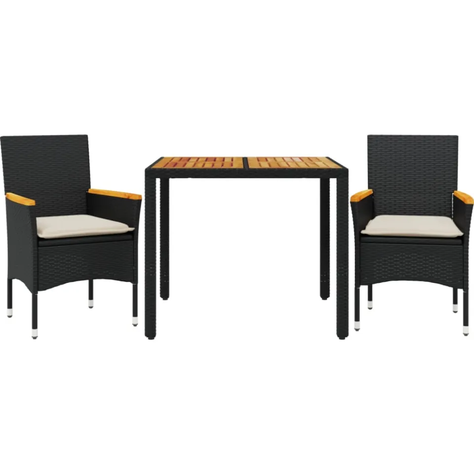 vidaXL 3-delige Tuinset met kussens poly rattan en acaciahout zwart, foto 3
