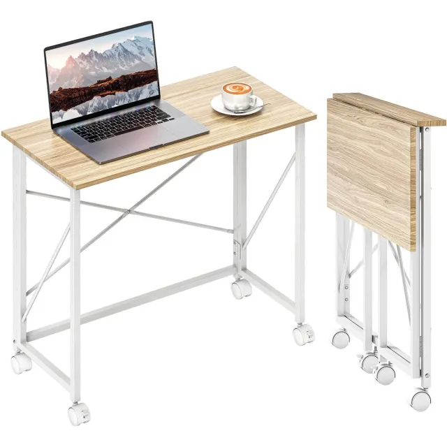 Homcom Schrijftafel Inklapbaar met Wielen - Bureau - Computertafel - Werktafel - Naturel natuurlijk hout, wit