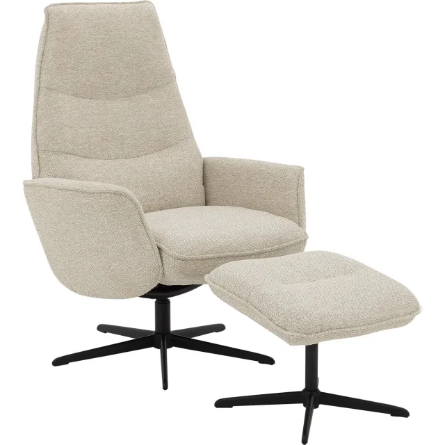 Goossens Relaxstoel Tusla Met Hocker - Stof - Beige - Draaibaar - Met Armleuning gemeleerd grof geweven beige