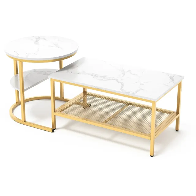 Archi Set van 2 Salontafels – Bijzettafel - Luxe Marmerlook Tafelblad – Gouden Metalen Frame – Nestbare Bijzettafels – Wit/Goud