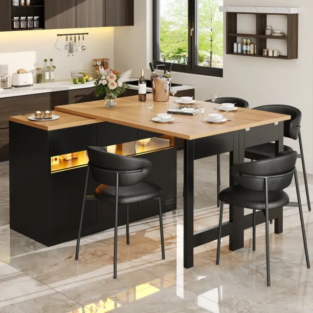 WUVRIE Uitschuifbare bartafel 120-180 cm - LED-verlichting, 360° draaifunctie en opbergruimte - Zwart/naturel