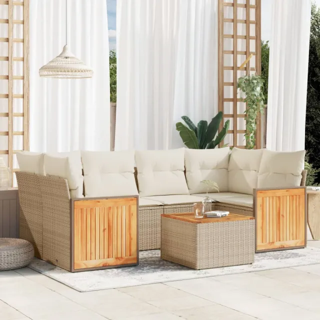vidaXL 7-delige Loungeset met kussens poly rattan beige, foto 2
