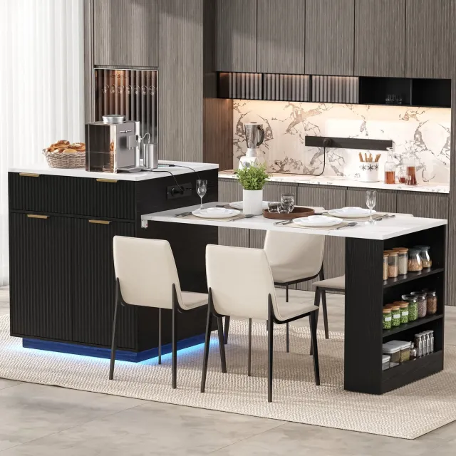 FloraGrace Eettafel - Uitschuifbare Keukenisland Met LED En Lades - Modern Voor Keuken En Eetkamer - MDF - Zwart - 127,5 Cm