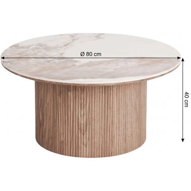 House Nordic Minamata salontafel Ø80cm, keramisch tafelblad wit, donkerbruin.