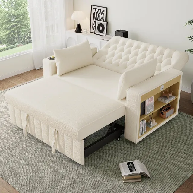 KOMHTOM BLACKCOLORS Multifunctionele slaapbank, moderne klapbank met opbergruimte en slaapfunctie, bekerhouders, USB-poort en kussens, ruimtebesparende bank voor woonkamer, slaapkamer en logeerkamer, beige