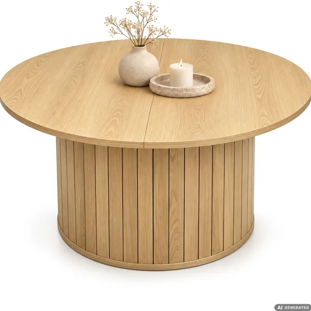 Akord Salontafel NUBO / Natuurlijke Houtlook / 80 cm / Rond / Geribbeld / 80 x 80 x 45 cm